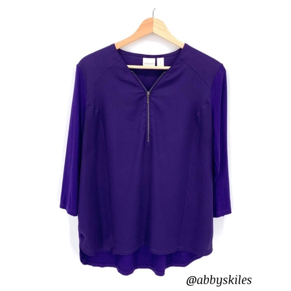 Chico's 3/4 Sleeve Deep Purple Top Tunic with Front Zipper Accent Size Medium